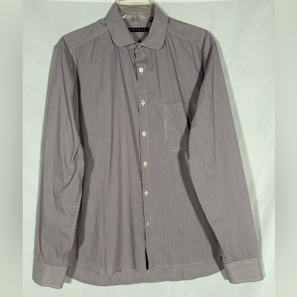 THEORY MAUVE STRIPES PRINT LONG SLEEVE BUTTON DOWN PREPPY SHIRT MENS LARGE